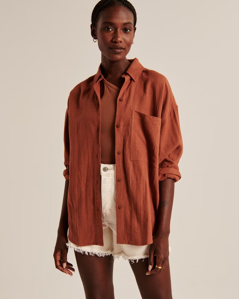 Women's Oversized Linen-Blend Button-Up Shirt | Women's New Arrivals | Abercrombie.com | Abercrombie & Fitch (US)