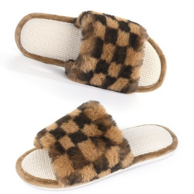 Women's Slip On Fuzzy House Slippers Open Toe Fluffy Plush Memory Foam Indoor Bedroom Slides | Target