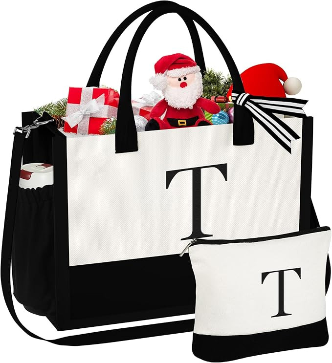 YOOLIFE Christmas Gifts for Women - Initial Canvas Tote Bag & Makeup Bag, Birthday Gifts for Wome... | Amazon (US)
