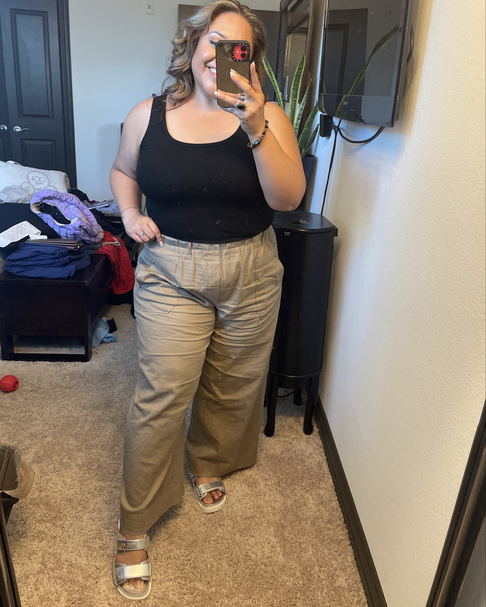 On sale 🚨Summer sandal is the GUESS Fabulon slide. The double strap with slight logo hardware detailing and the molded footbed will give you comfort while elevating any look

Only $20 DEMOCRACY linen blend petite high rise patch pocket palazzo pants

Finish with black tank for summer

#LTKSaleAlert #LTKSummerSales #LTKSeasonal