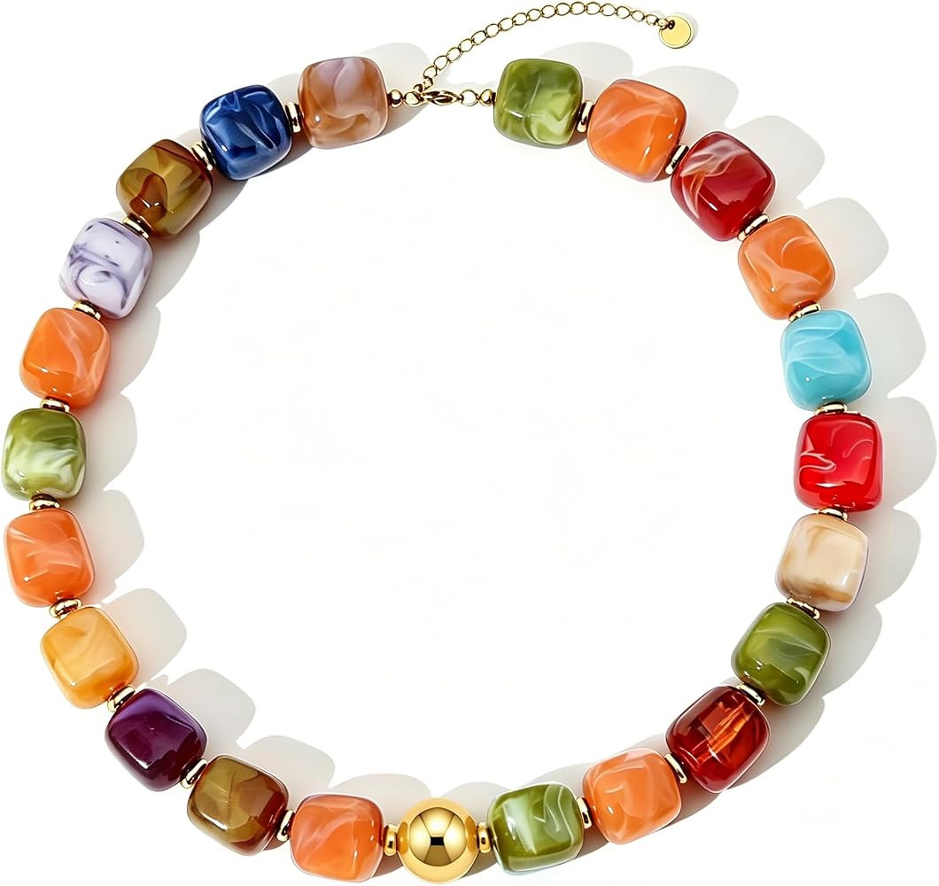 Chunky Beaded Necklace for Women Boho Colorful Statement Choker Necklaces Summer Beach Resin Jewe... | Amazon (US)
