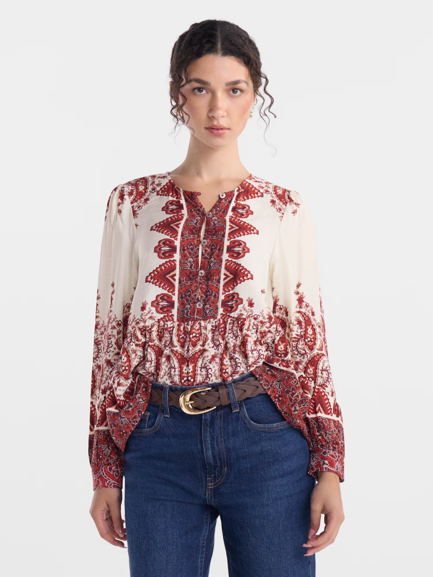 Scenario Women's Button Front Top with Long Puff Sleeves, Sizes XS-XXXL - Walmart.com | Walmart (US)