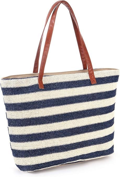 Genovega Stripe and Stitchwork Straw Tote Beach Bag with Zipper | Amazon (US)