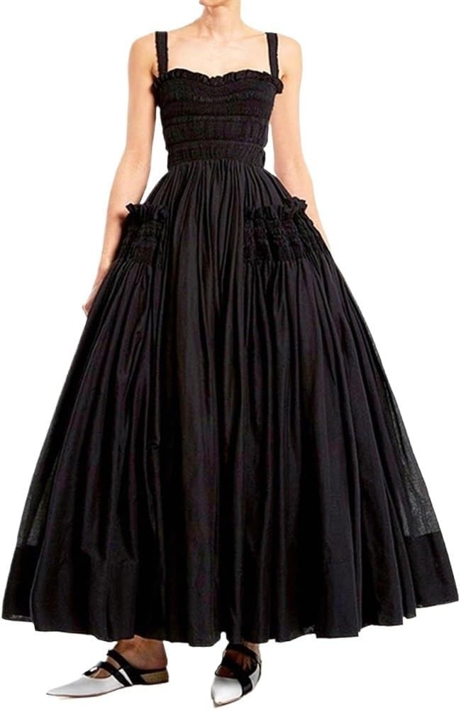 Square Neck Black Dress, Women's Sleeveless Low Cut Spaghetti Strap Smocked Maxi Dress Backless E... | Amazon (US)
