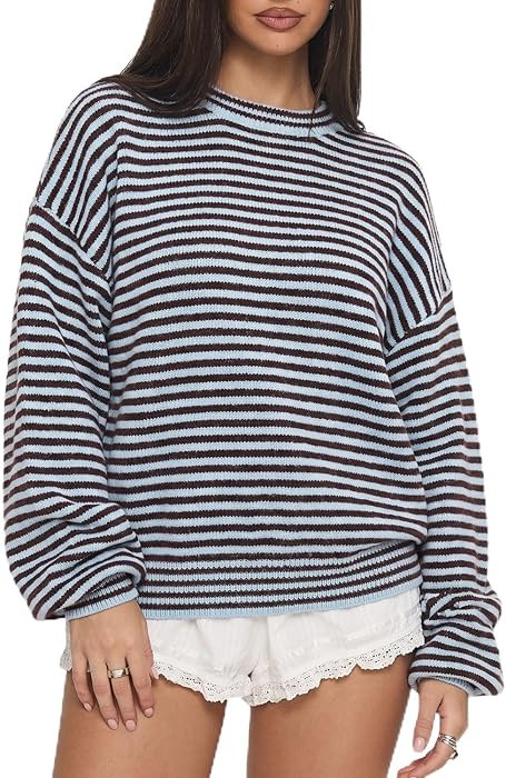QINSEN Women's Crewneck Oversized Sweater Striped Long Sleeve Pullover Top | Amazon (US)