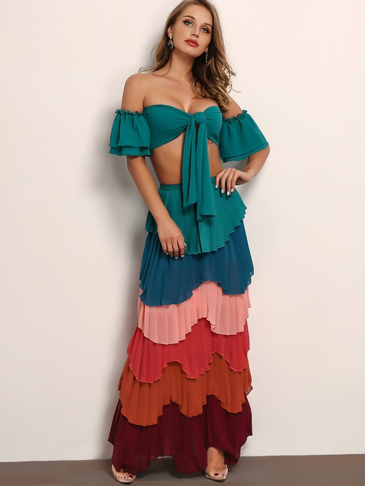 Joyfunear Flounce Sleeve Knot Bardot Top & Tiered Layered Skirt Set | SHEIN