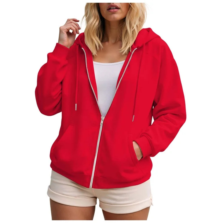 Quealent Women Plus Size Zip Up Hoodies Long Sleeve Sweatshirt Long Fleece Hoodie Jacket with Poc... | Walmart (US)