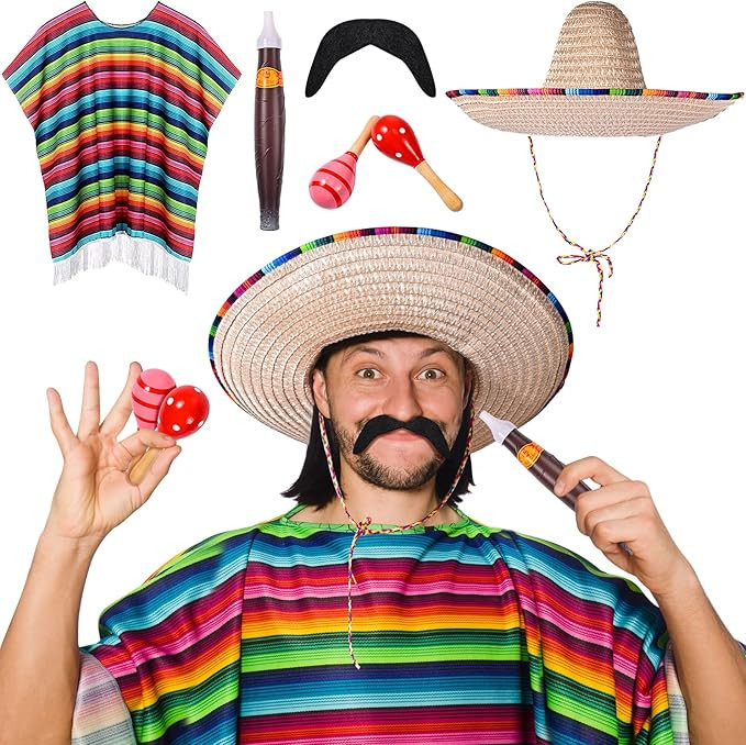 Unittype 6 Pcs México Costume Set Sombrero Hat México Poncho Mustache Maracas Outfit Fiesta Par... | Amazon (US)