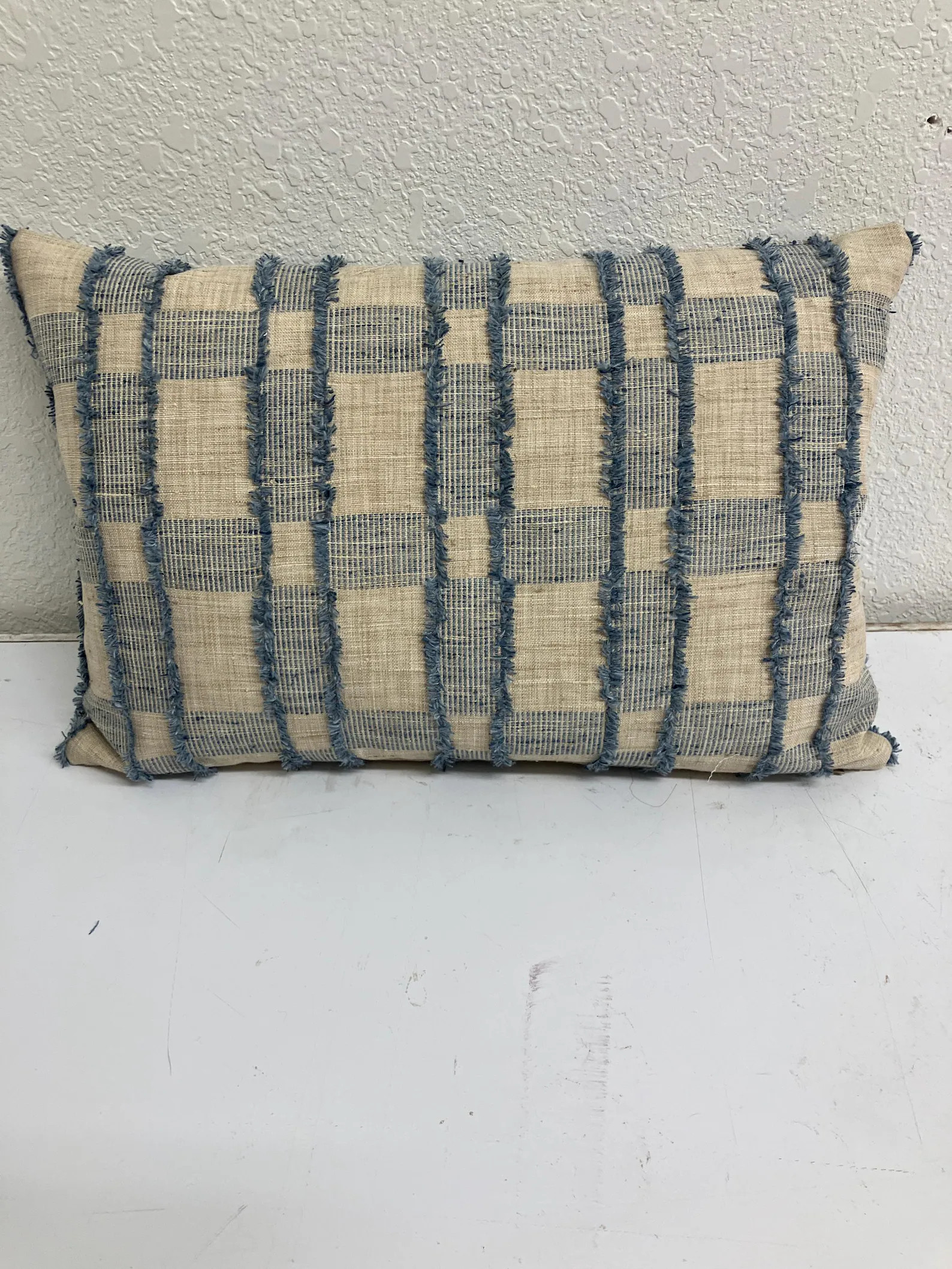 Fringed checkerboard pattern fabric in blue and beige Lumbar Pillow, 13x20 Feather/Down | Etsy (US)