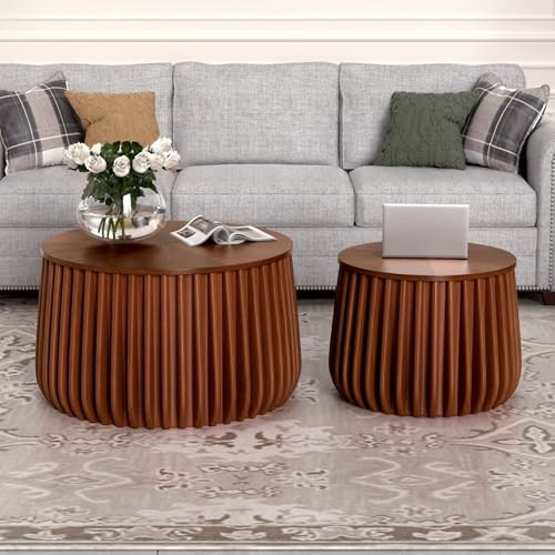 Modern Fluted Round Nesting Coffee Table Set of 2 - Minimalist Solid Wood Nesting Tables with Removable Tops and Storage - Circle Center Tables Side Table for Living Room, Bedroom, Office(Walnut) | Amazon (US)