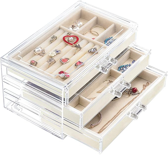 Weiai Acrylic Jewelry Box 3 Drawers, Velvet Jewellery Organizer, Earring Rings Necklaces Bracelet... | Amazon (US)