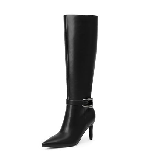 Easyfox Tall Black Boots for Women Zipper Black Knee High Boots Pointed Toe Knee High Boots 3 In Stiletto High Heel Buckles Boots Size 9 | Amazon (US)