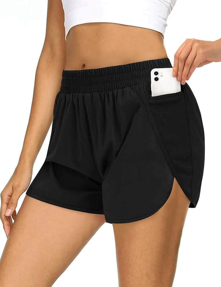 Amazon.com: MEROKEETY Womens Athletic Quick-Dry Workout Shorts Elastic Waist Dolphin Running Pock... | Amazon (US)