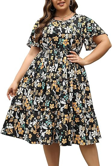 Nemidor Womens Casual Plus Size Short Sleeve Layered Swing Summer Midi Dress with Pocket NEM527 | Amazon (US)