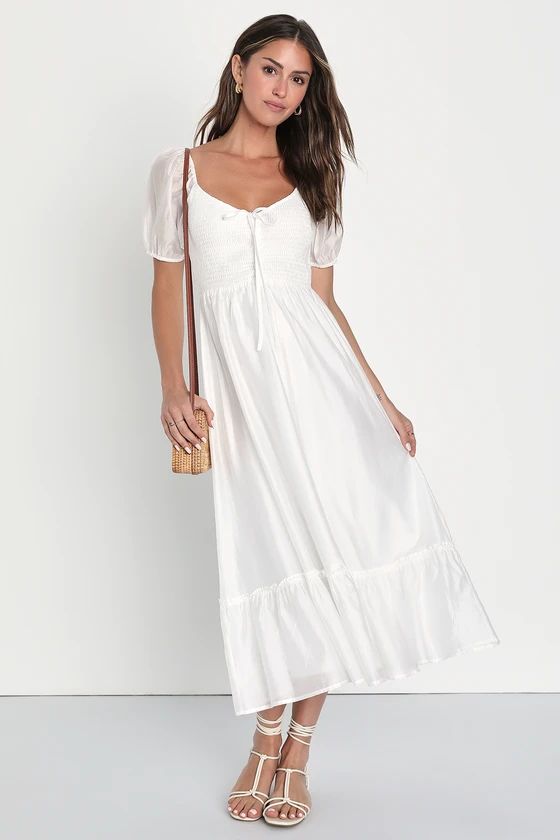 Inspiring Feelings White Smocked Puff Sleeve Midi Dress | Lulus