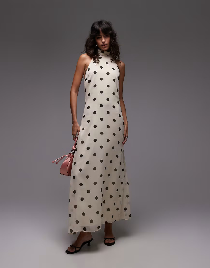 ASOS DESIGN chiffon high neck halter maxi dress in cream polka dot-Multi | ASOS (Global)