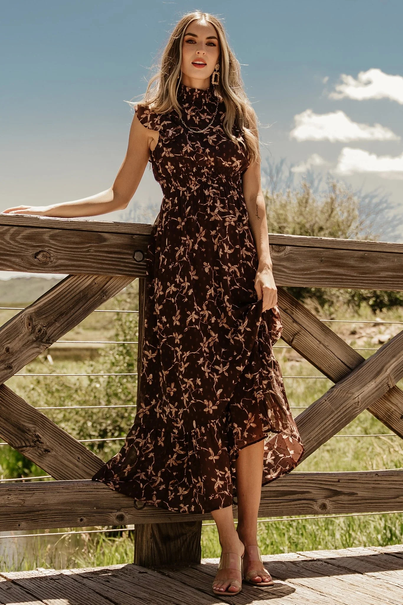 Kearny Ruffle Maxi Dress | Brown + Natural | Baltic Born