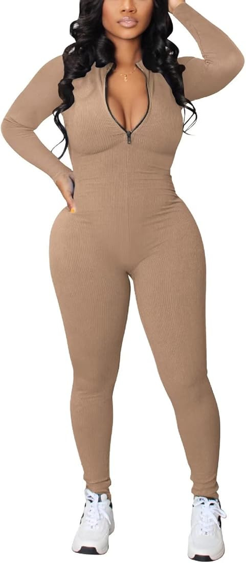 EDITCOZY Womens Sexy Bodycon Long Sleeve V Neck Solid High Waist Zipper Jumpsuit | Amazon (US)