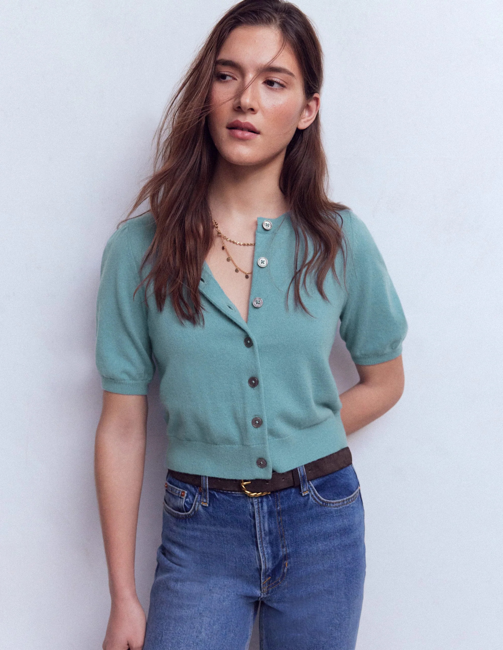 Cropped Cashmere Cardigan-Misty Blue | Boden (US)