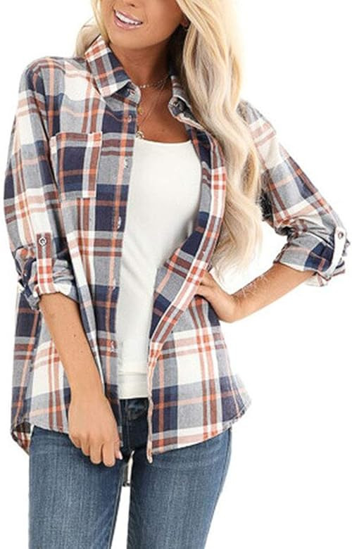 NUOREEL Womens Casual Plaid Soft Button Down Tops Roll Up Long Sleeve Cuffed Blouse Shirts | Amazon (US)