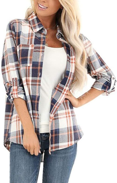 NUOREEL Womens Casual Plaid Soft Button Down Tops Roll Up Long Sleeve Cuffed Blouse Shirts | Amazon (US)
