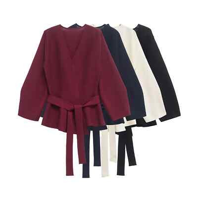 Women Knit Blazer V-Neck Long Sleeve Belted Office Coat Jacket UK | eBay UK