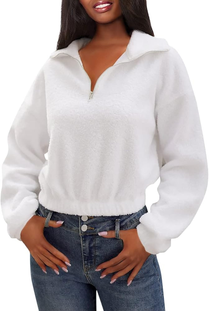 ZAFUL Women's Fashion Long Sleeve Lapel Half Zip Plain Faux Fur Sweatshirt Solid Color Crop Pullo... | Amazon (US)