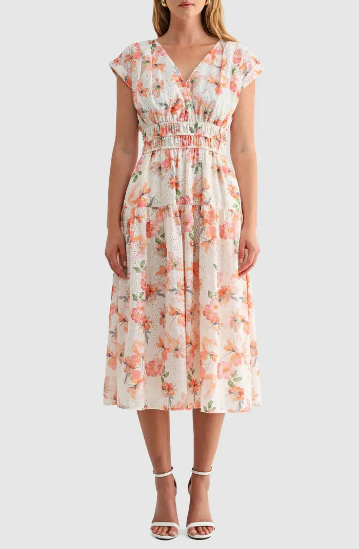 Floral Cap Sleeve Eyelet Cotton A-Line Midi Dress | Nordstrom Rack