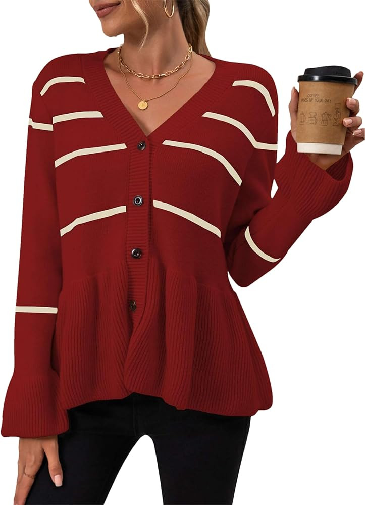 Mingzhu Women's Striped Cardigan Sweaters Long Sleeve Button Down Cropped Knit V Neck Casual Pepl... | Amazon (US)