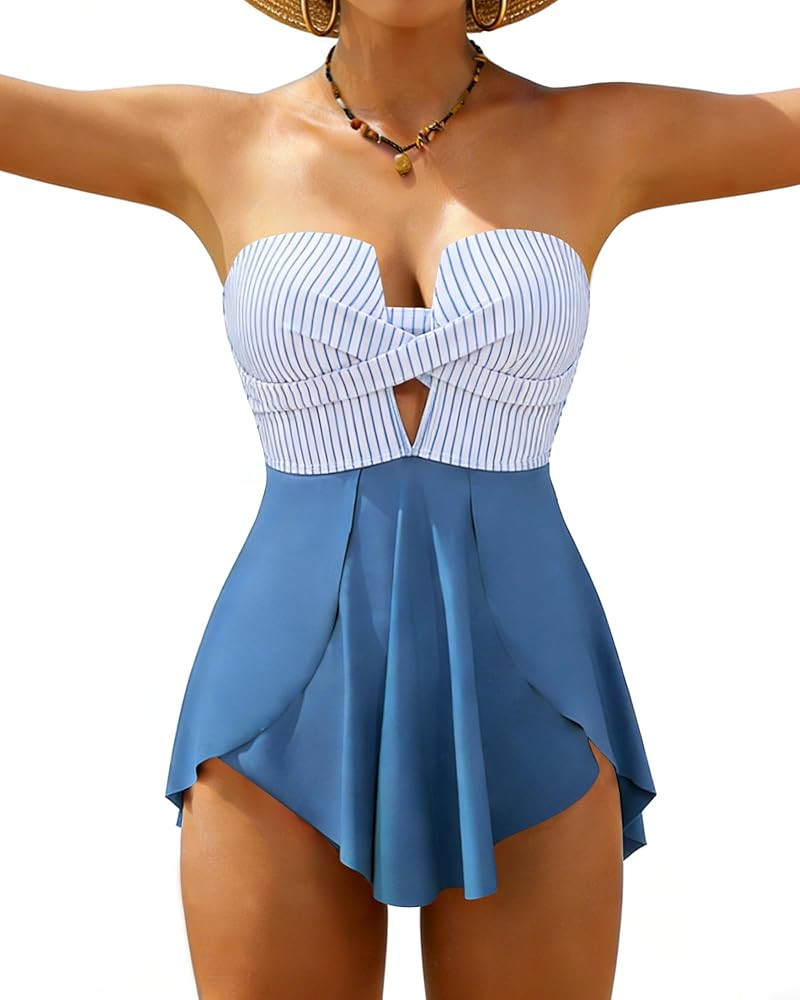XUNYU One Piece Swimsuits for Women Bandeau Strapless Bathing Suits Tummy Control Modest Swim Dre... | Amazon (US)