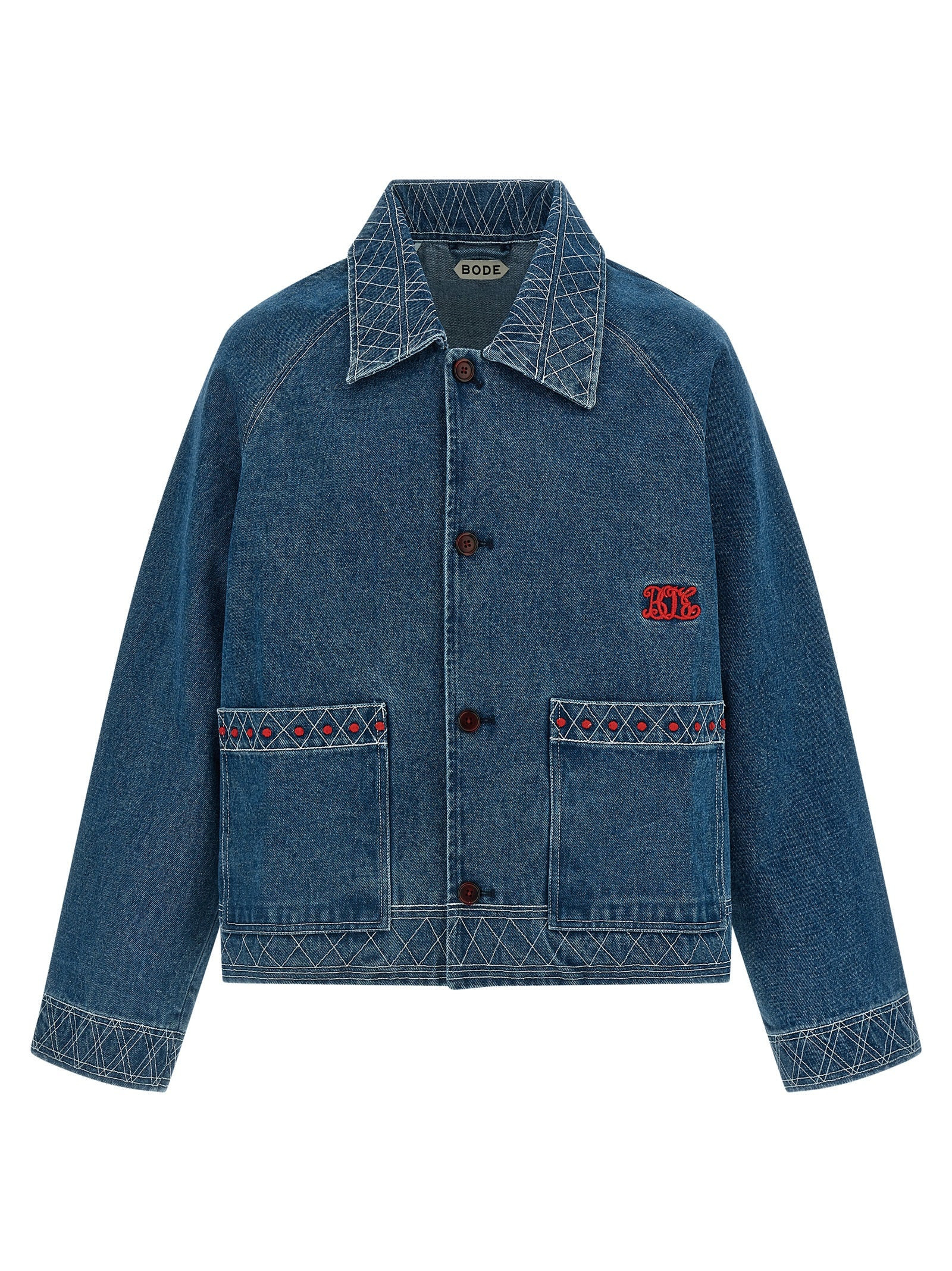 Bode Geometric-Embroidered Cotton Denim Jacket — Blue | Italist Inc.