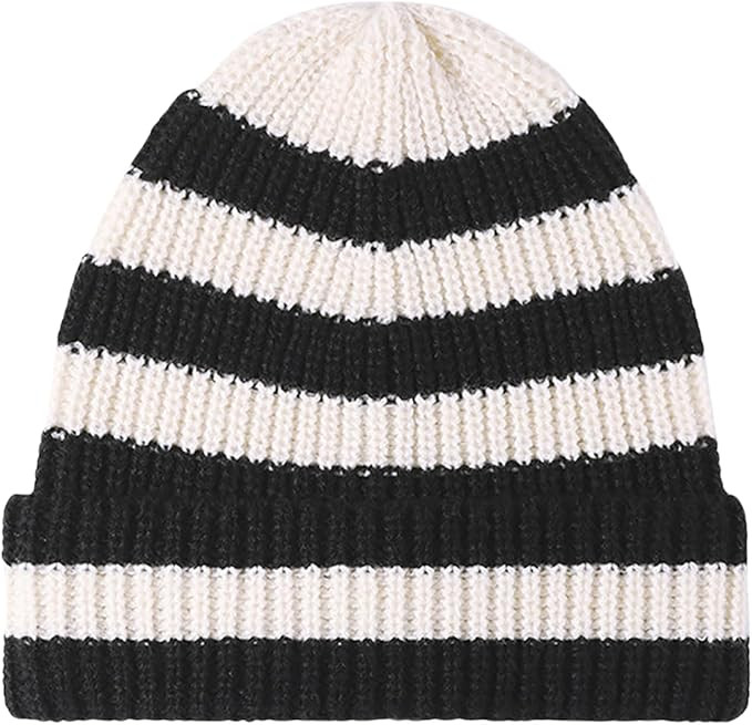 CORIRESHA Unisex Fashion Striped Beanie Cuffed Winter Warm Cozy Chunky Rib Knit Hat | Amazon (US)