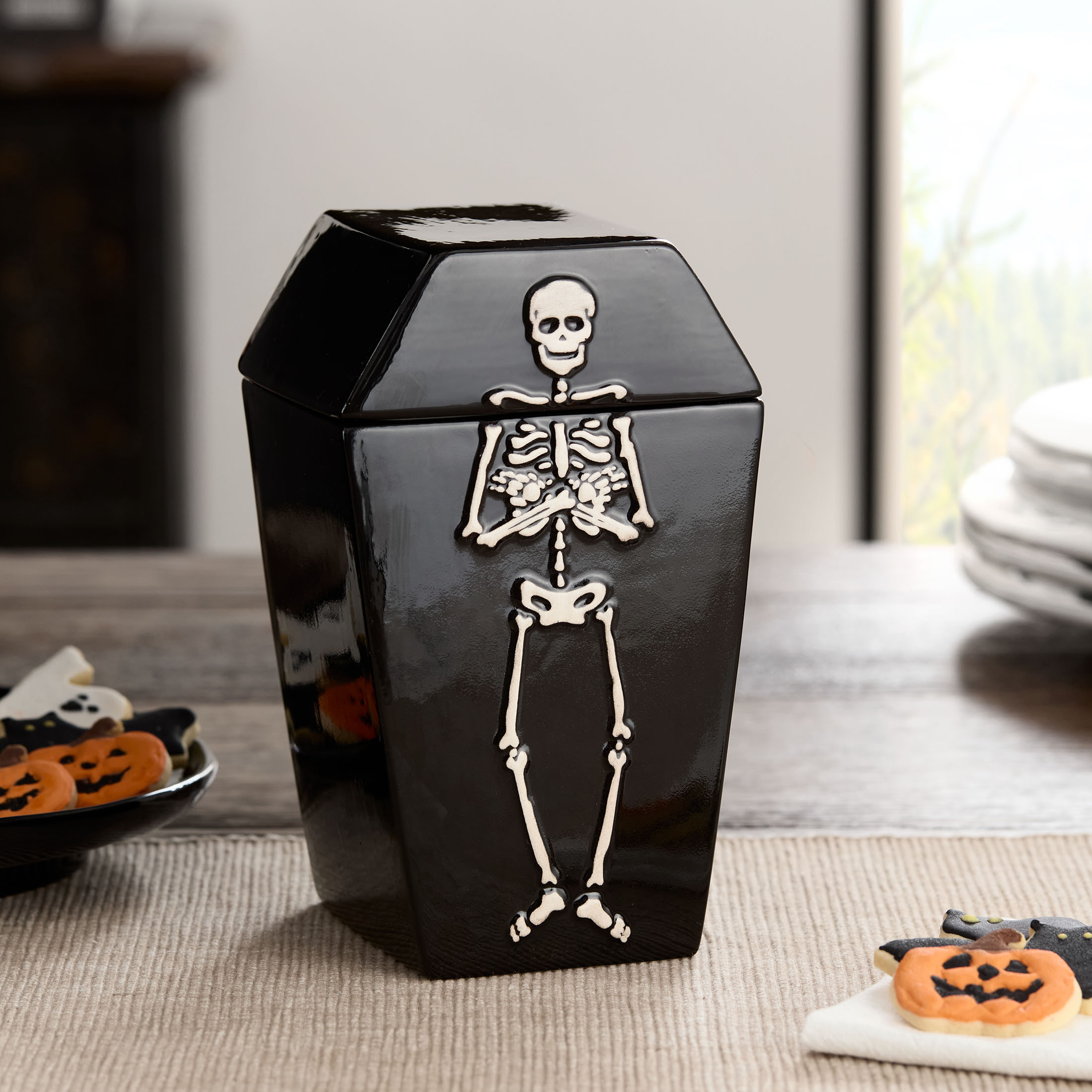 Halloween Earthenware 28-Ounce Coffin Shaped Skeleton Treat Food Storage Jar, by Way To Celebrate | Walmart (US)