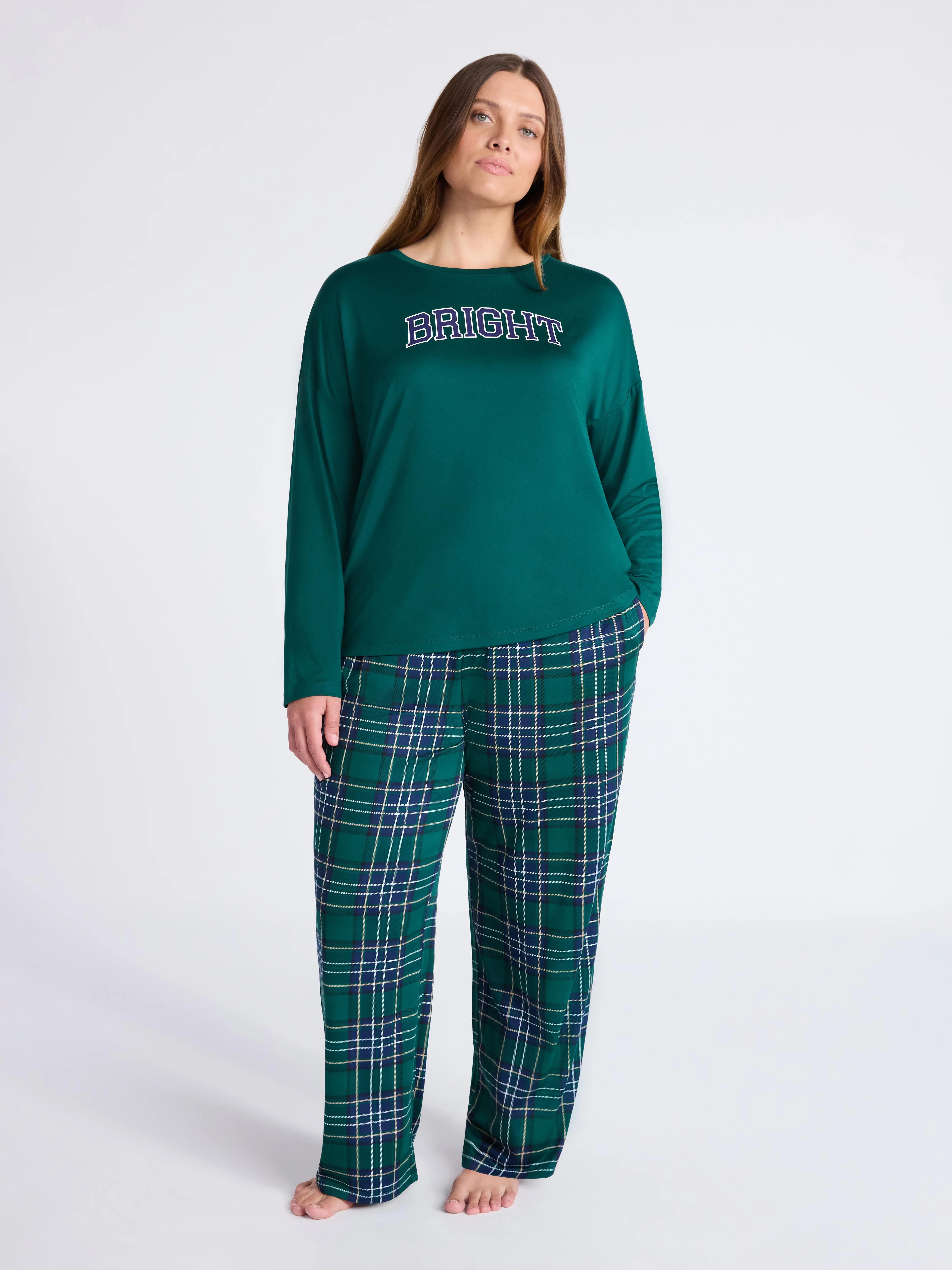 Joyspun Women's Dreamy Soft Collection Long Sleeve Sleep Top and Straight Leg Pants Pajama Set, 2... | Walmart (US)