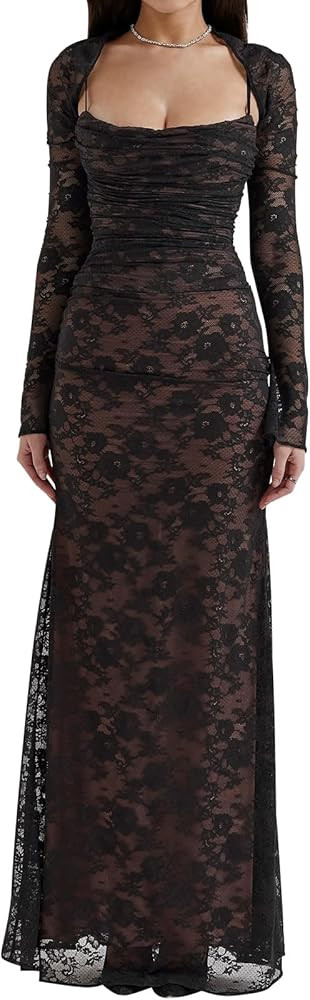 Women Vintage Cream Lace Maxi Dress Romantic Long Sleevees Lace Bodycon Dress | Amazon (US)