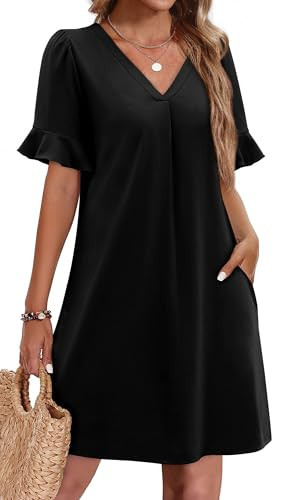 OFEEFAN Summer Dresses for Women Short Sleeve Ruched V Neck Semi Formal Dresses for Women with Pockets Black XL | Amazon (US)