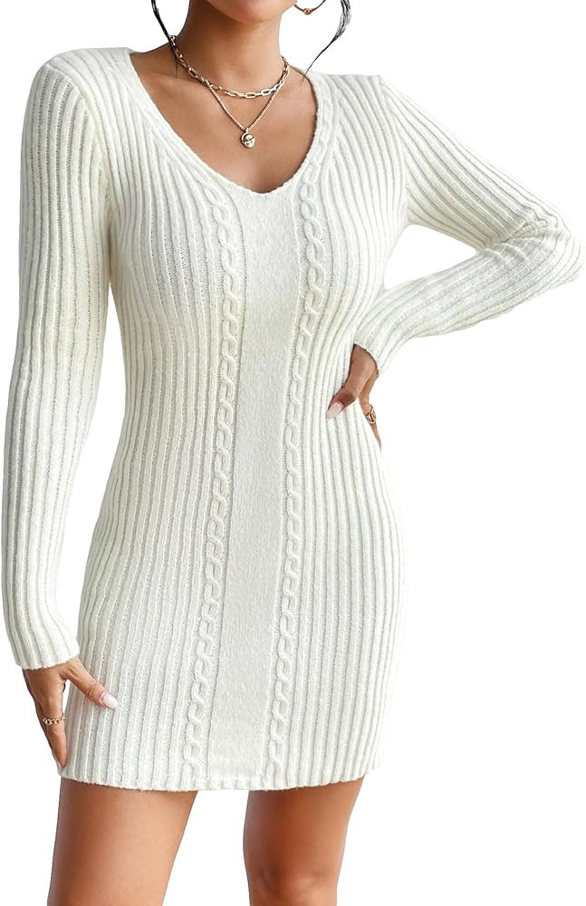 Verdusa Women's Long Sleeve White Sweater Dress Outfit Long Sleeve White Dress With Sleeves Amazon | Amazon (US)