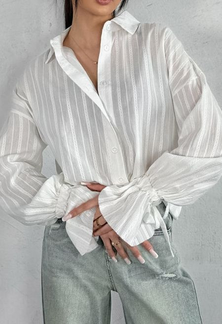 Textured Stripe Jacquard Bell Cuffs Cotton Shirt for Relaxed Outings & Day-to-Night Wear | Chicwish