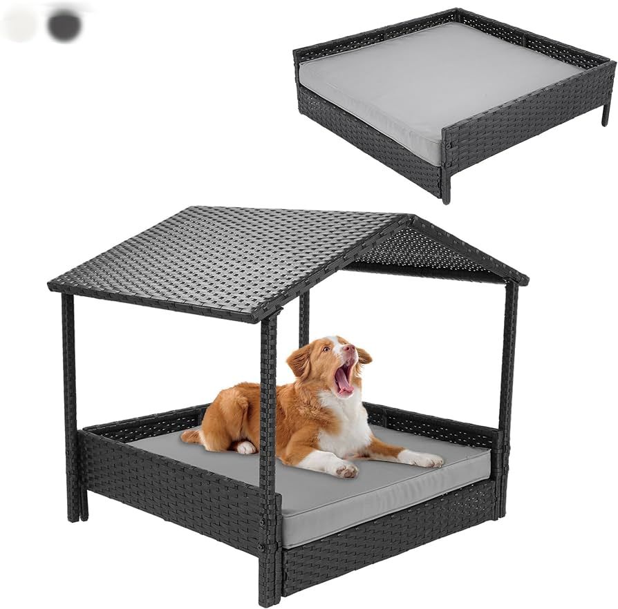 2-in-1 Wicker Dog House, Elevated Dog Bed for Indoor/Outdoor with Removable Canopy, Removable Cus... | Amazon (US)