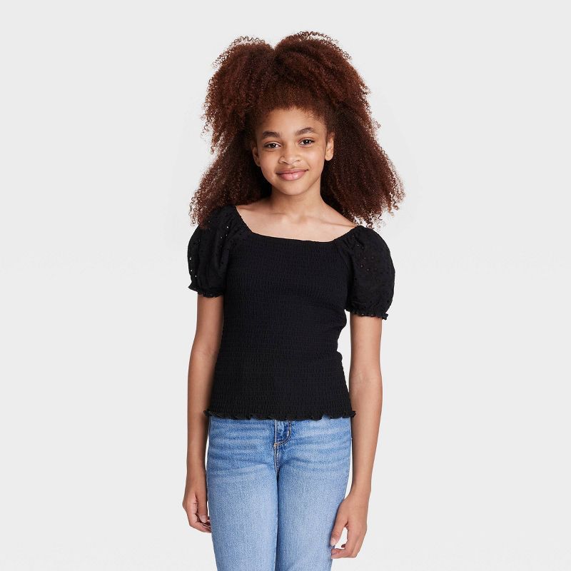 Girls' Smocked Bodice Puff Sleeve Woven Top | Target