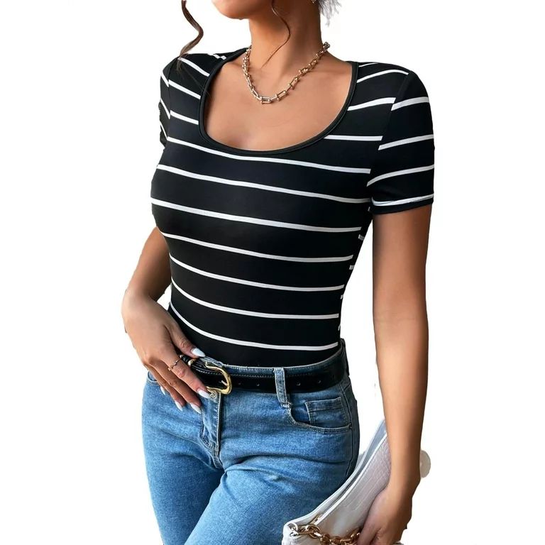 Casual Striped Scoop Neck Short Sleeve Black and White Women T-Shirts (Women's) - Walmart.com | Walmart (US)