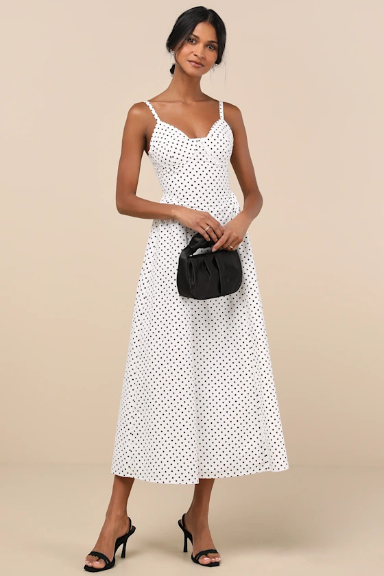 Veris White Polka Dot Bustier Midi Dress | Lulus