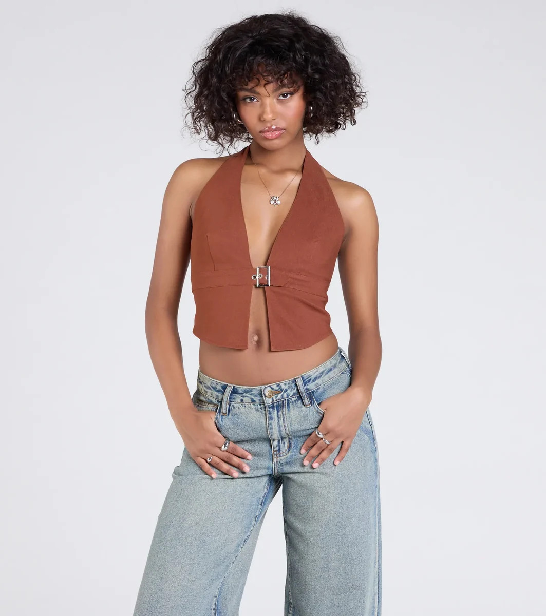 Sultry Trend Buckle Strap Halter Crop Top | Windsor Stores