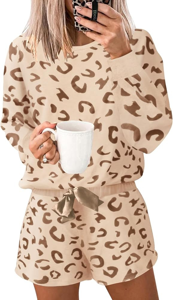 Paintcolors Womens Leppard Pajamas Set Casual Long Sleeve Shirt Top with Matching Shorts 2 Piece ... | Amazon (US)