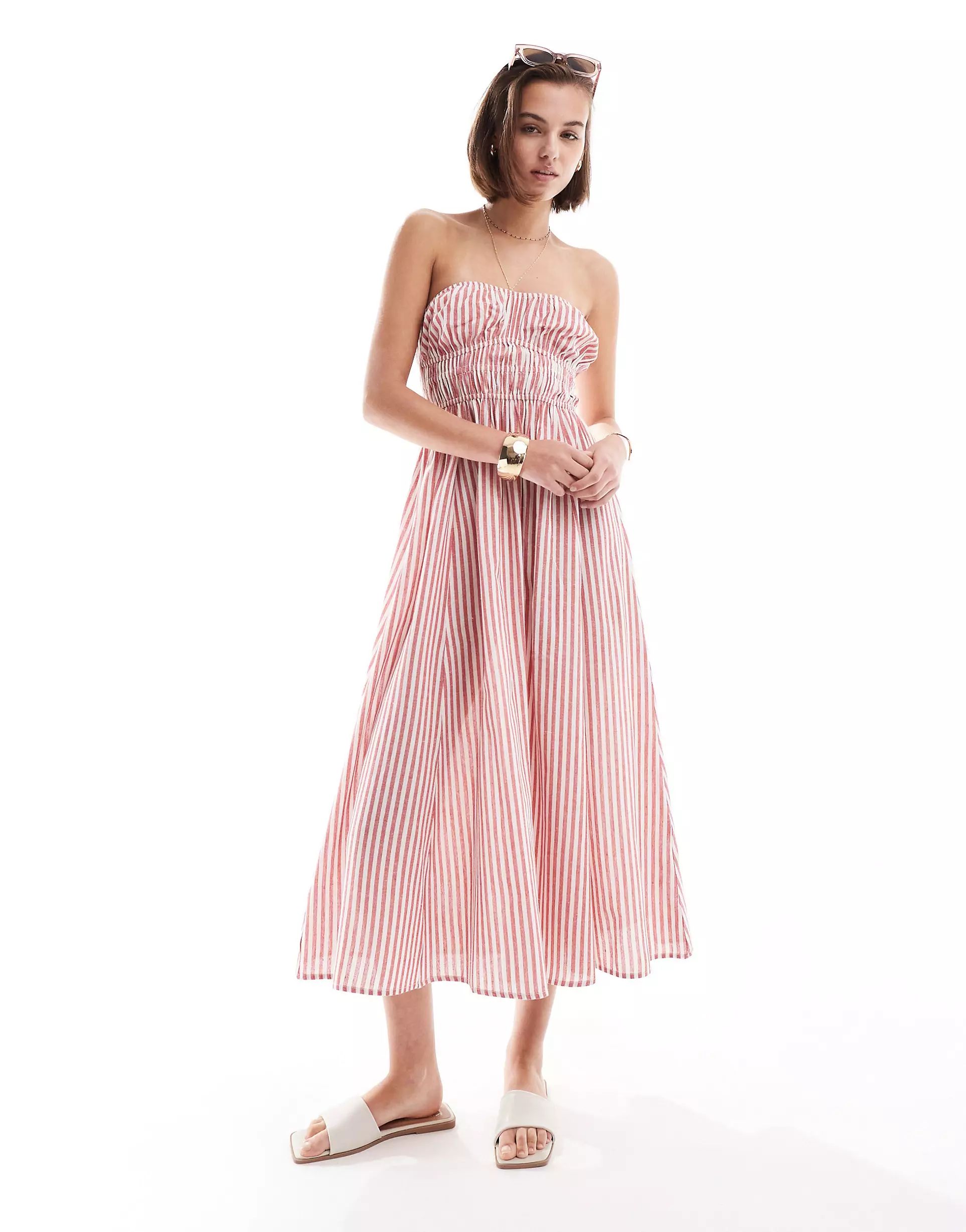 ASOS DESIGN midi linen bandeau sundress with ruched bust detail in red stripe | ASOS (Global)