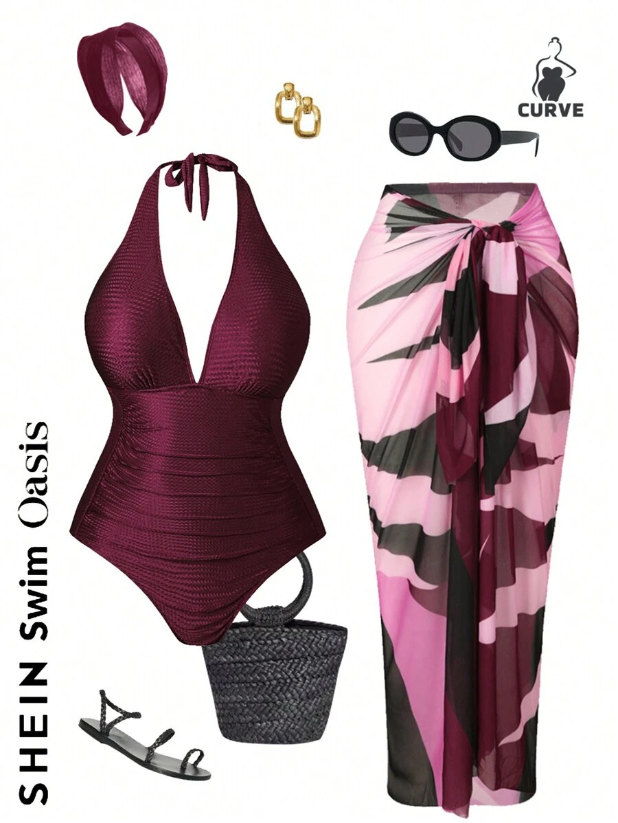 SHEIN Plus Size Solid Color Halter One-Piece Swimsuit One Piece Bathing Suit & Color Block Cover-... | SHEIN