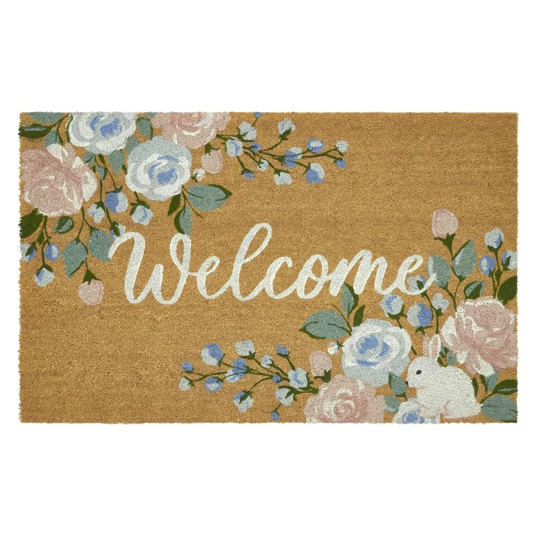 My Texas House Natural/Pink Bunny Floral Outdoor Coir Doormat, 30" x 48" | Walmart (US)