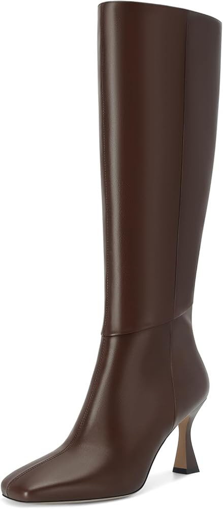 Dsevht Black Leather Knee High Boots for Women Stiletto Kitten Heeled Sexy Boots Square Toe and S... | Amazon (US)