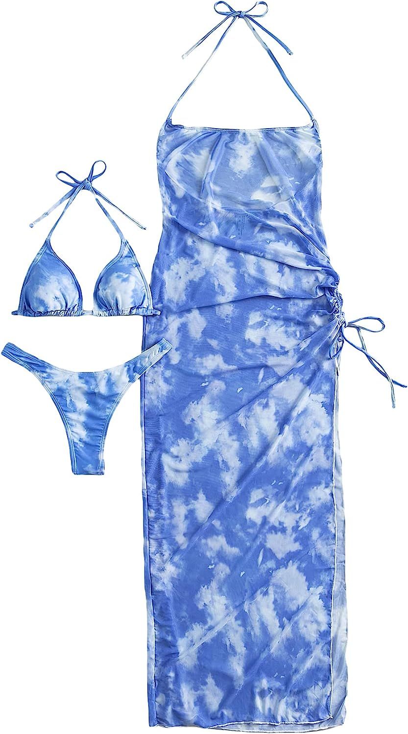 OYOANGLE Women's 3 Pieces Swimsuit Beach Bikini Set with Cover Up Dress Set Swimwear | Amazon (US)