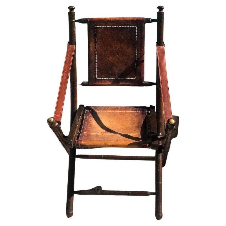 Vintage Folding Boat Chair in Leather, Bamboo and Brass 1930 | 1stDibs
